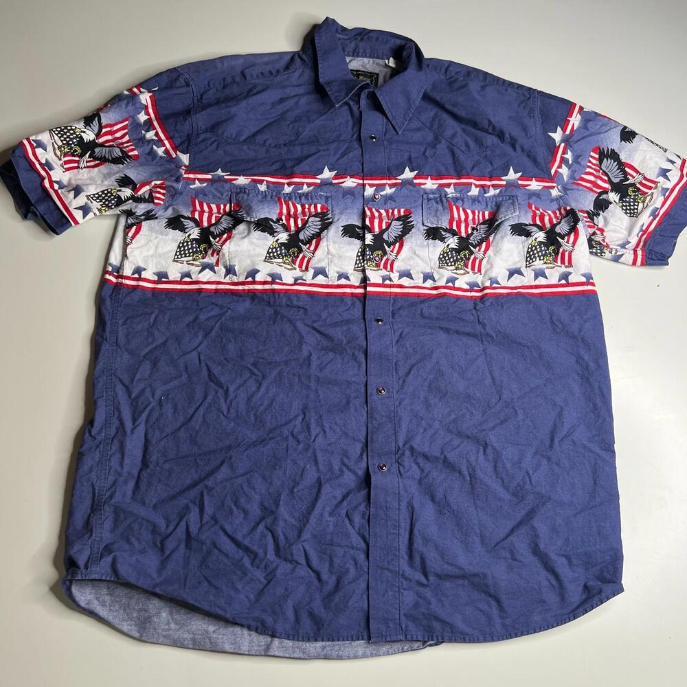 High Noon XL Shirt Mens Patriotic Eagle American Flag Western Button Front‎ USA
